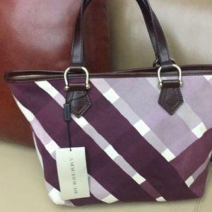 Authentic Burberry Canvas Purple Check Print Tote